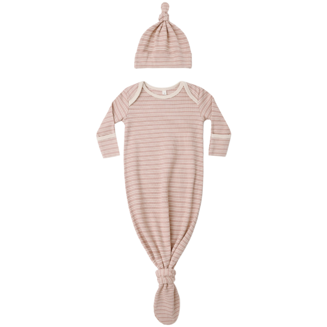 Quincy Mae Knotted Baby Gown & Hat Set / Dusty Rose Microstripe