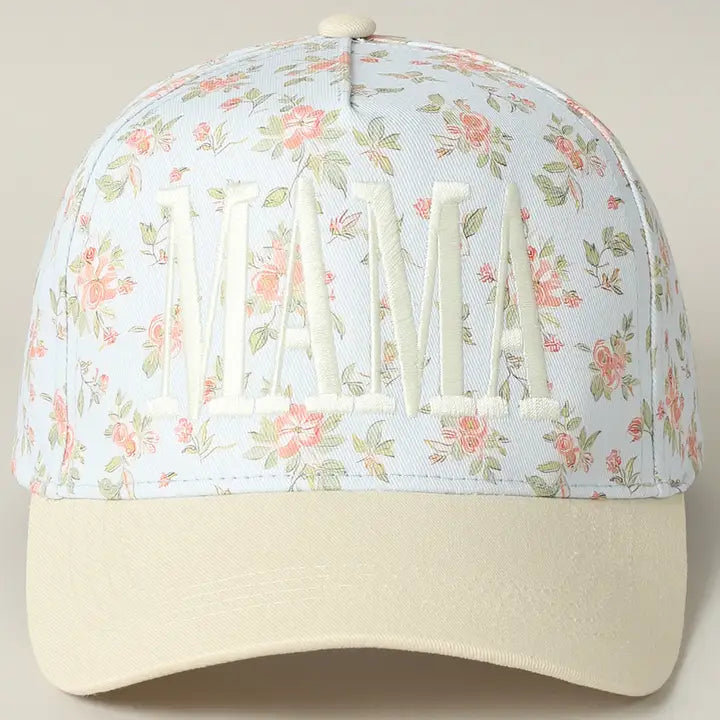 Mama Embroidered Flower Trucker Hat / Blue/Beige