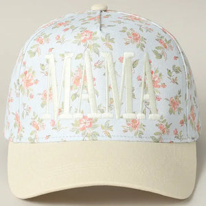 Mama Embroidered Flower Trucker Hat / Blue/Beige