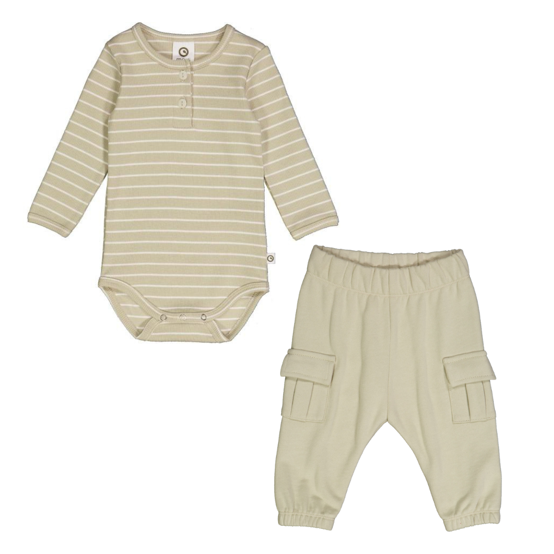 Muesli Ribbed Bodysuit + Cargo Pant Set / Desert Green Stripe