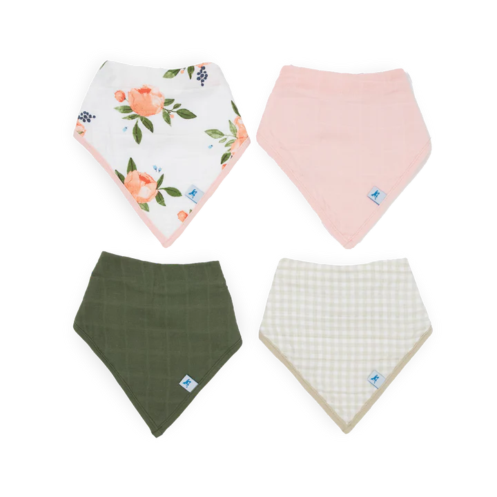 Cotton Muslin Bandana Bib 4 Pack / Watercolor Roses