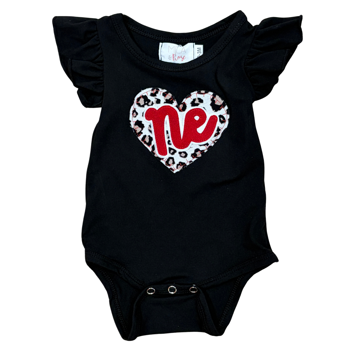 Leopard Script 'Ne' Black Flutter Sleeve Onesie