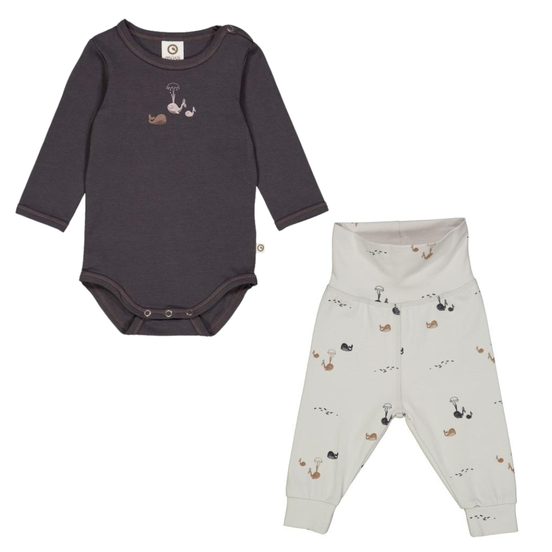 Muesli Navy Whale Bodysuit + Whale Pants Set