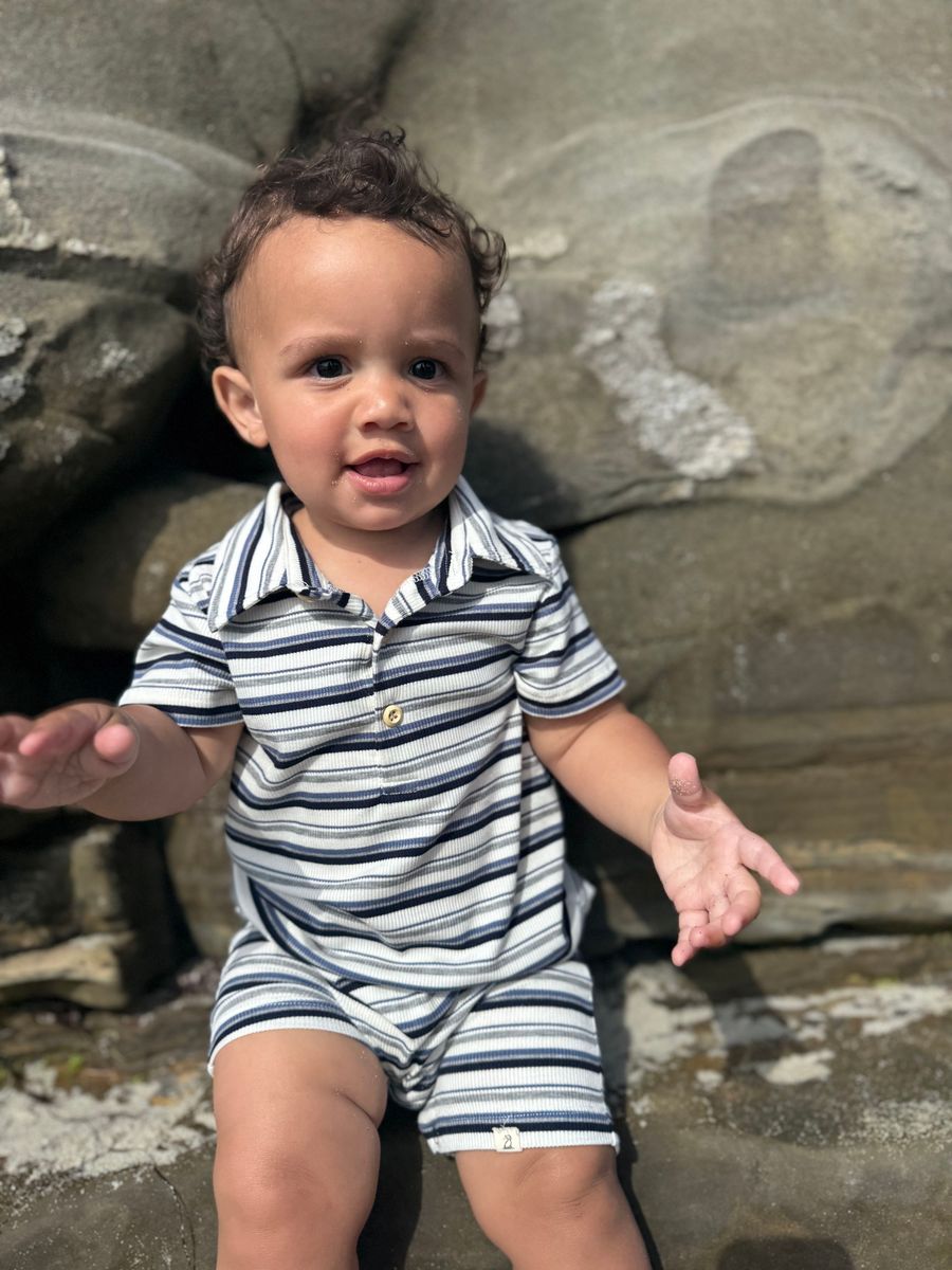 Me & Henry Drift Polo Romper / Grey Multi Stripe