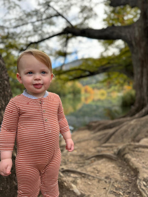 Me & Henry Niota Henley Romper / Rust & White Stripe