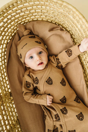 Organic Kimono Knotted Gown & Hat Set / Wild Bear