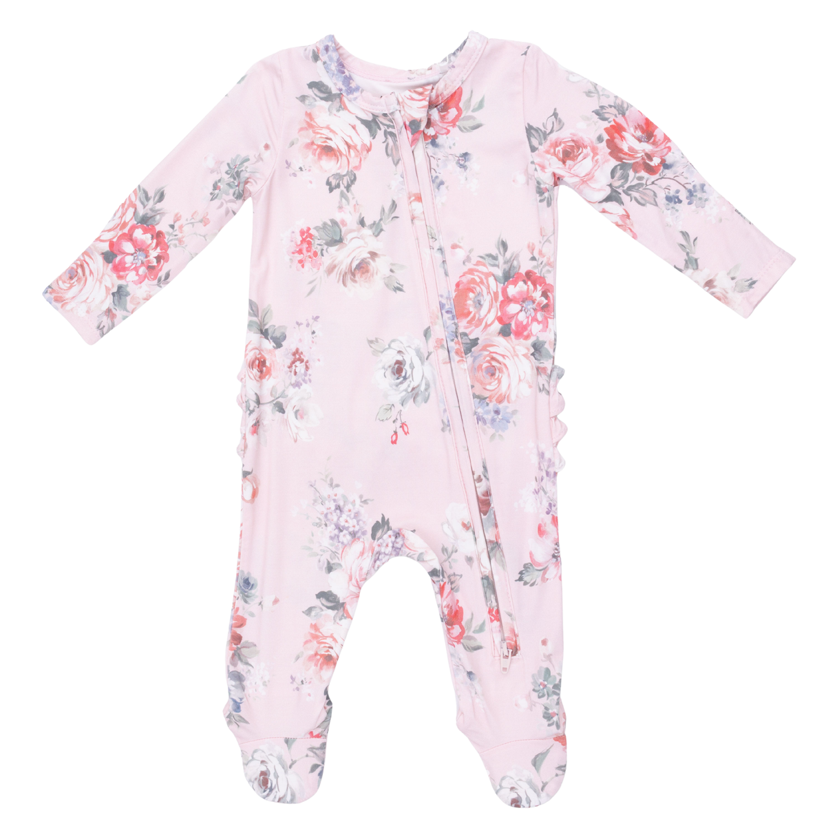 Painterly Rose Bouquets 2 Way Ruffle Back Zipper Footie