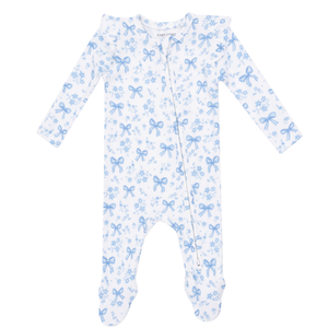 Blue Bows & Flowers 2 Way Ruffle Sleeve Zipper Footie
