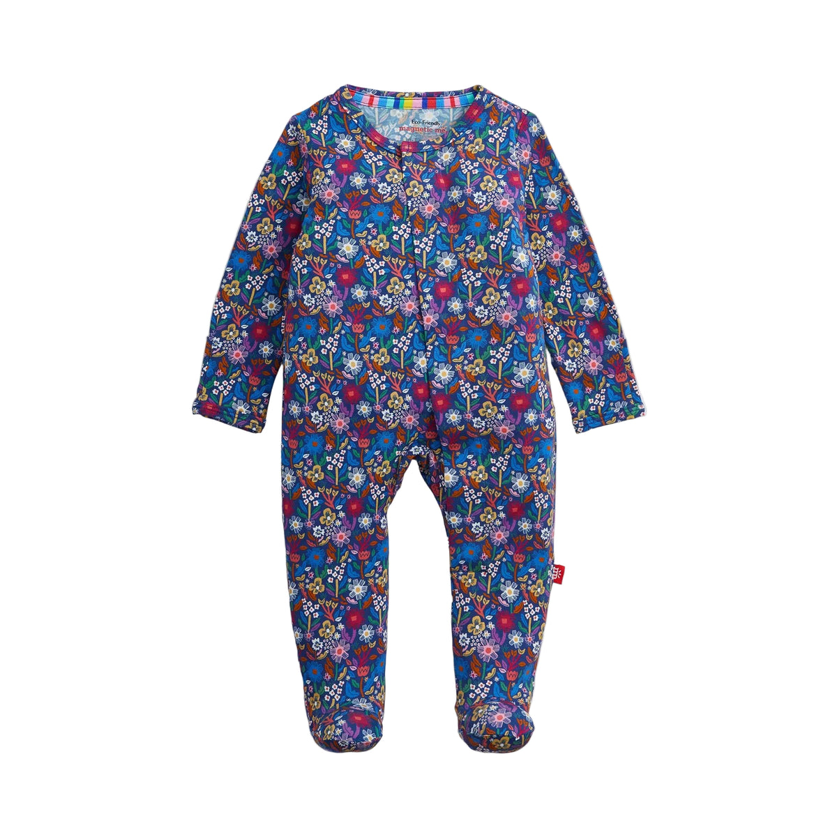 A baby footed one-piece jumpsuit with a vibrant multicolor floral pattern on a blue base, shown flat against a light off-white background.