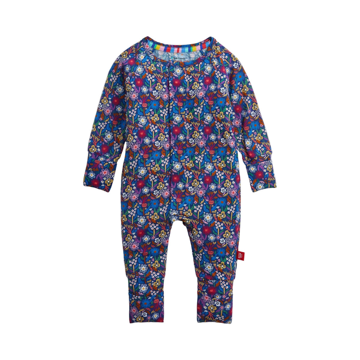 A baby long-sleeve convertible footless one-piece jumpsuit with an all-over colorful floral print on a dark blue background, shown flat against a light off-white background.