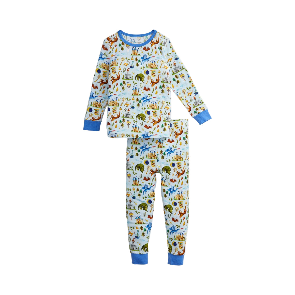 toddler long sleeve pj set with magnetic closure on neck. dragon print