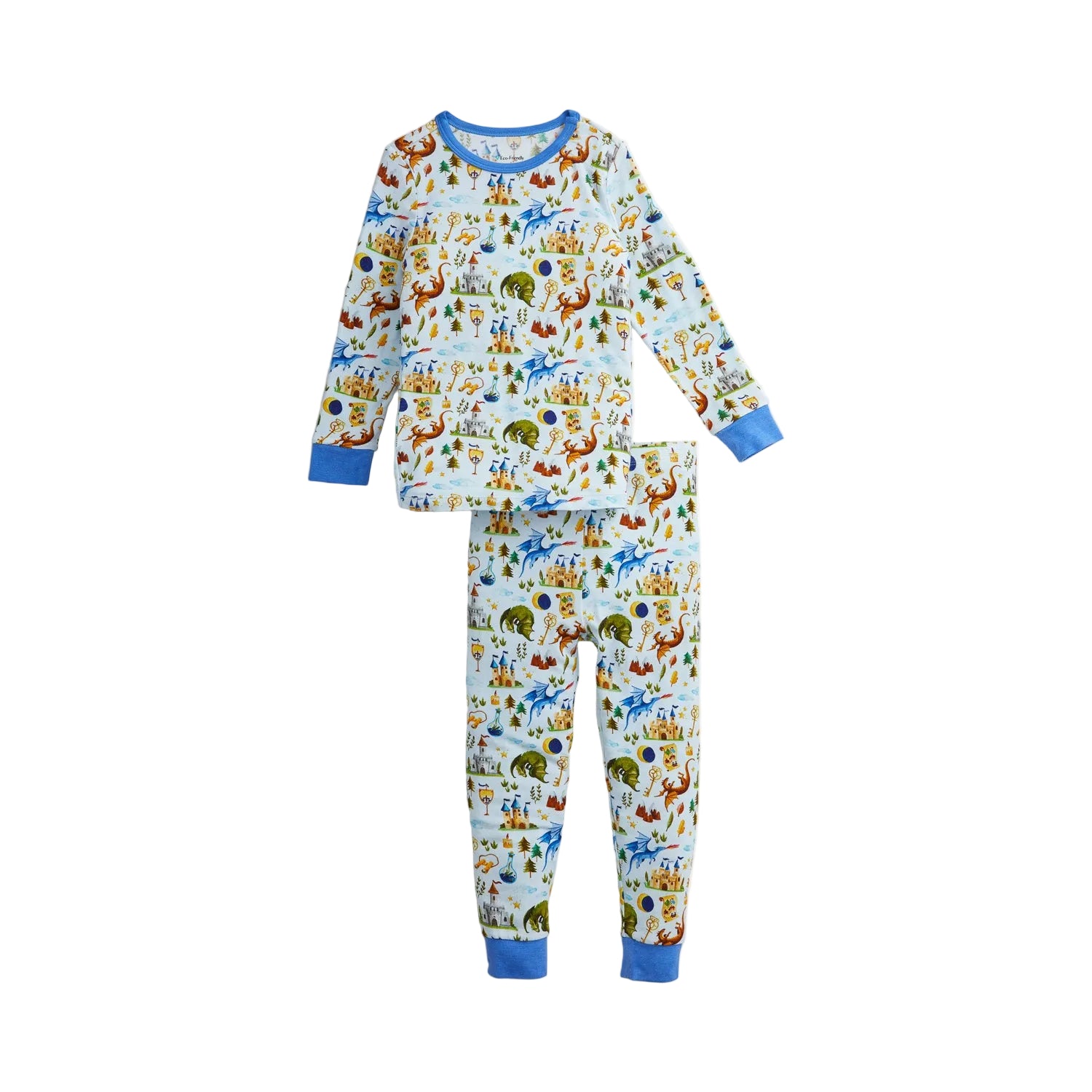 toddler long sleeve pj set with magnetic closure on neck. dragon print