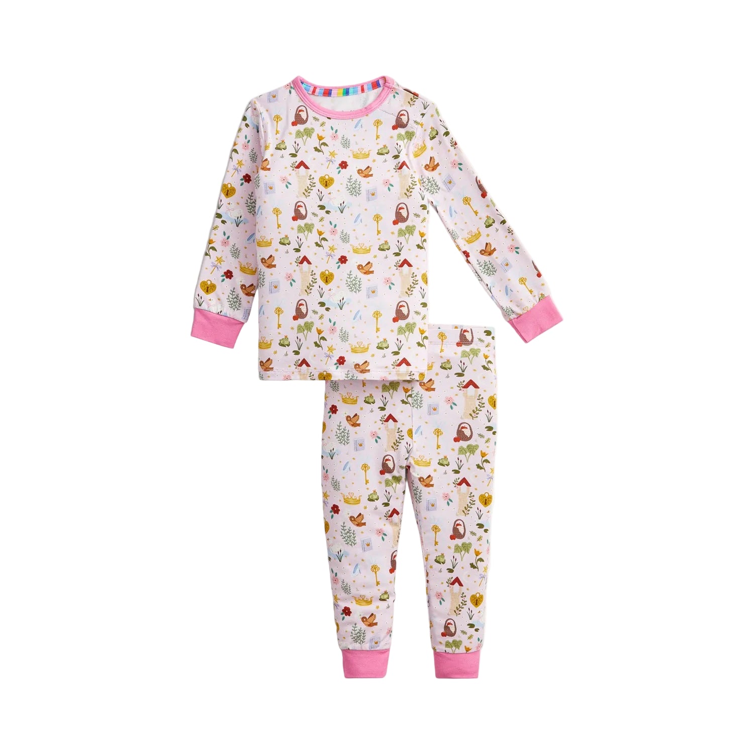 A two-piece children's pajama set featuring a long-sleeve top and matching pants in a white base with a colorful cartoon animal print, finished with pink ribbed cuffs and collar.