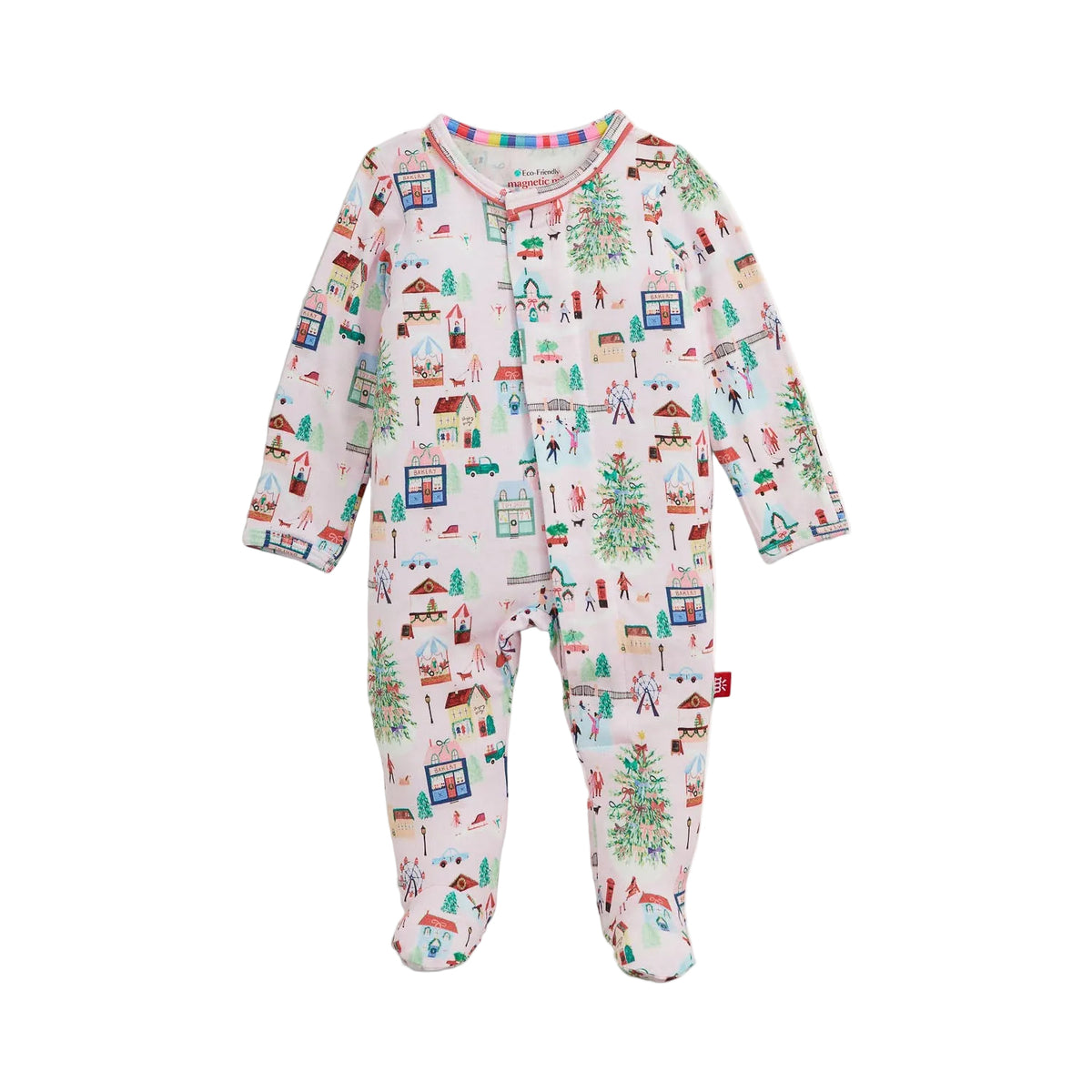 Baby footie featuring magnetic closure with colorful pattern on a white background
