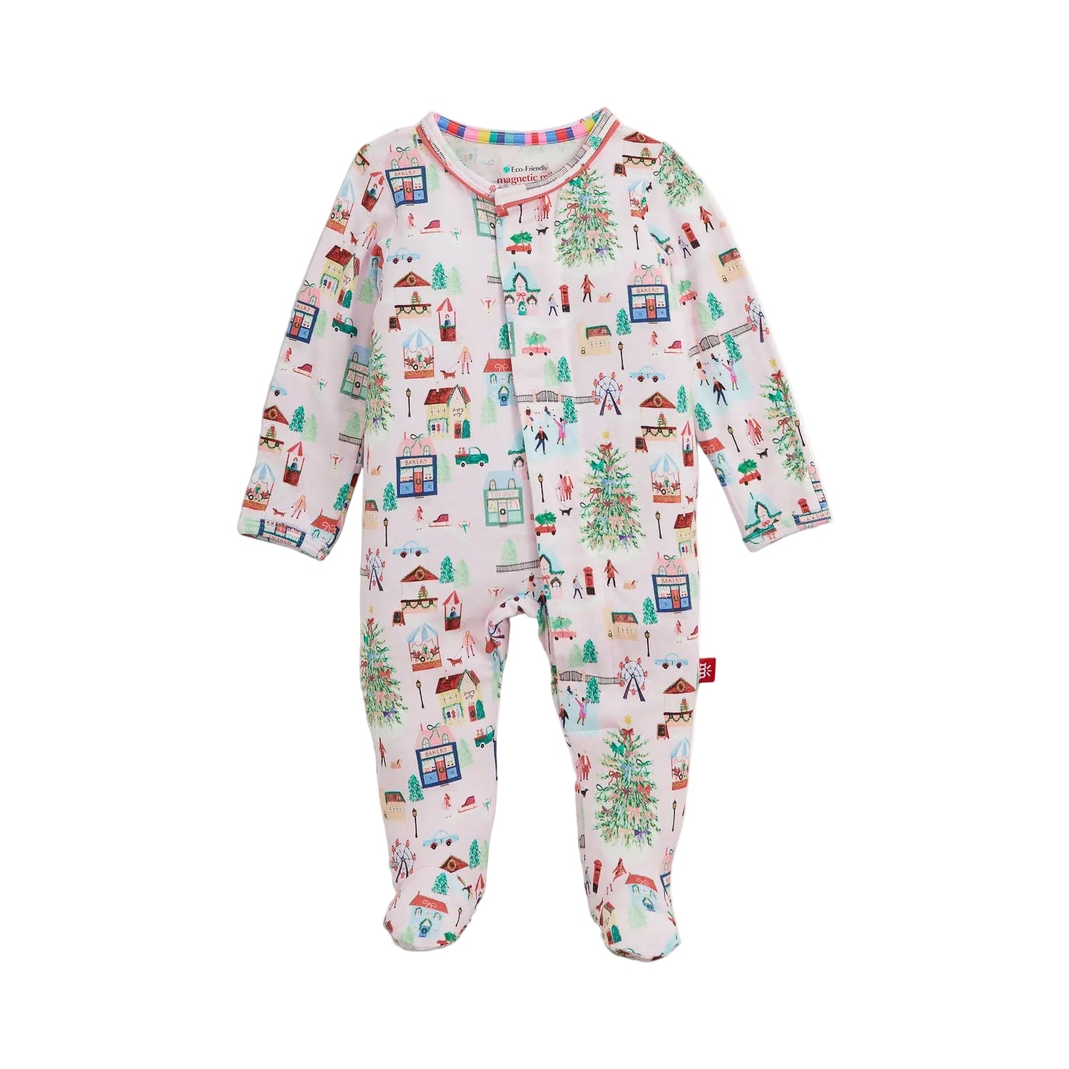 Baby footie featuring magnetic closure with colorful pattern on a white background