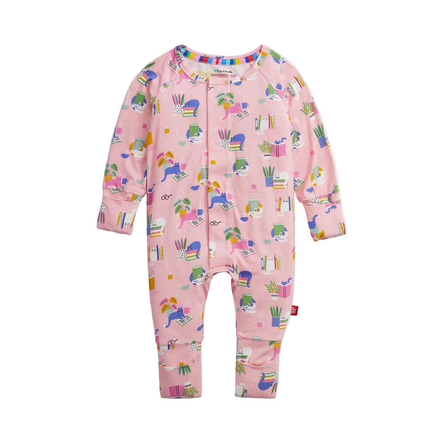 Pink baby onesie with colorful cat pattern 