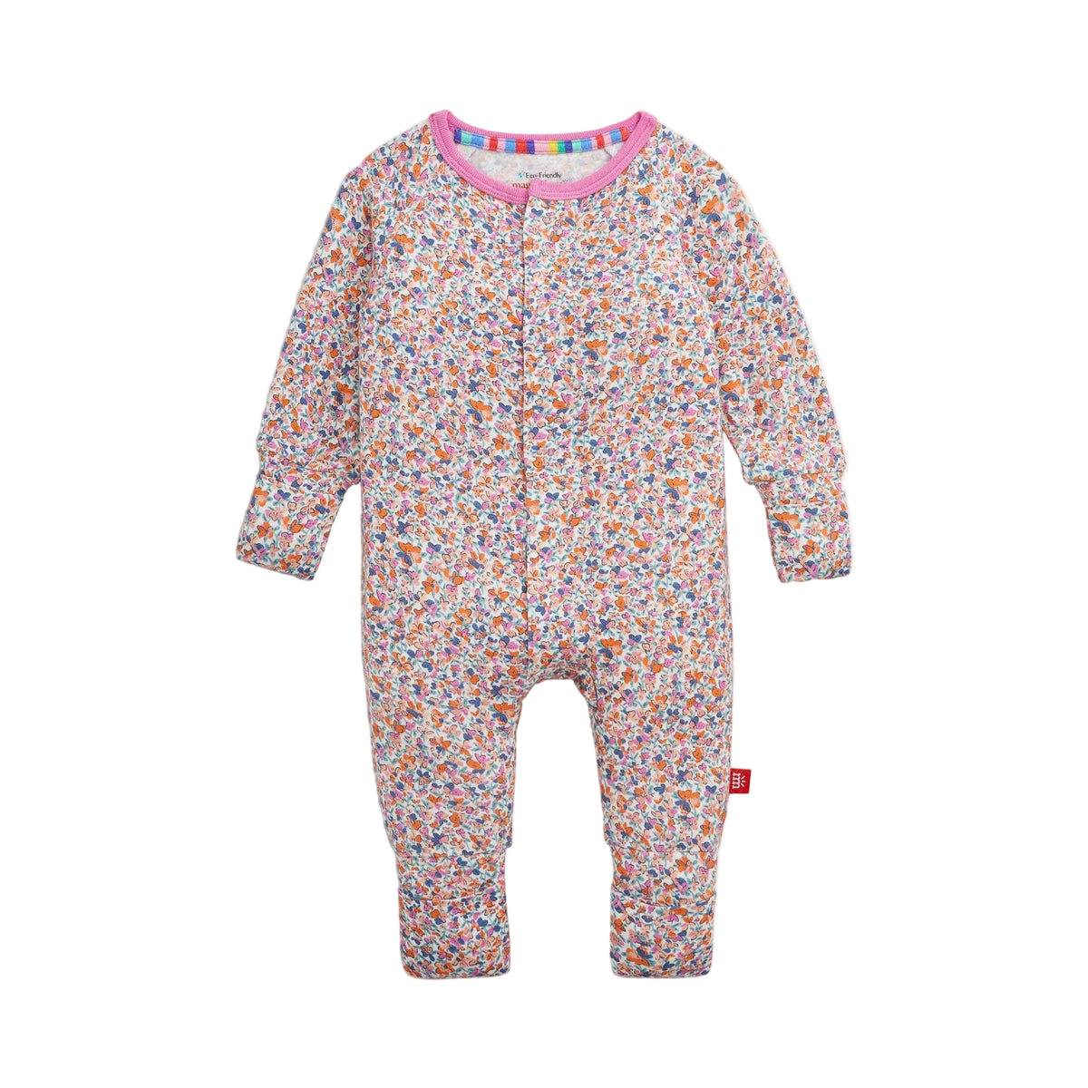 Floral-patterned baby convertible footie with colorful trim on a white background