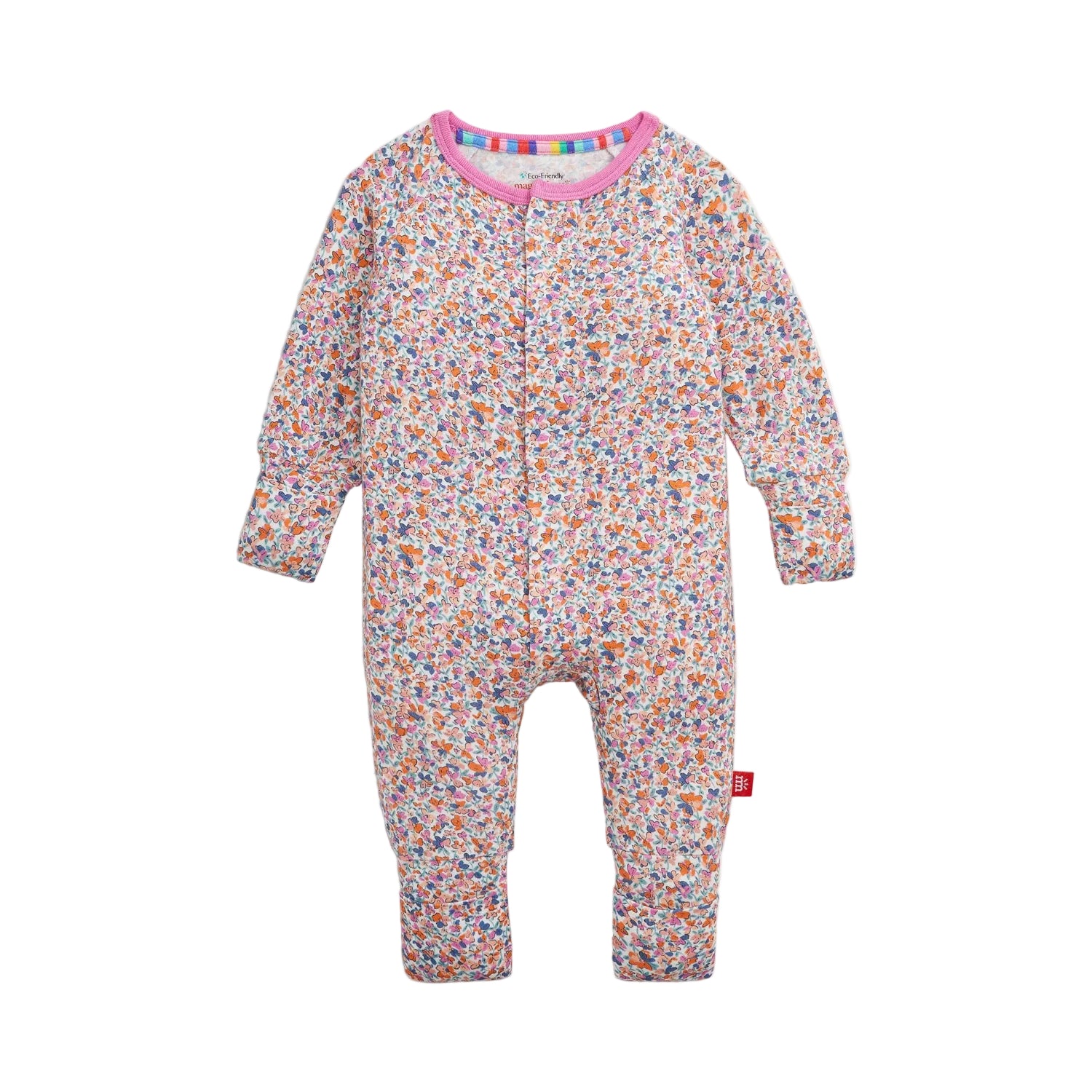 Floral-patterned baby convertible footie with colorful trim on a white background