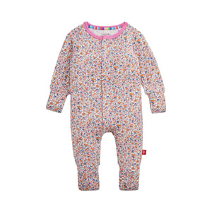 Floral-patterned baby convertible footie with colorful trim on a white background