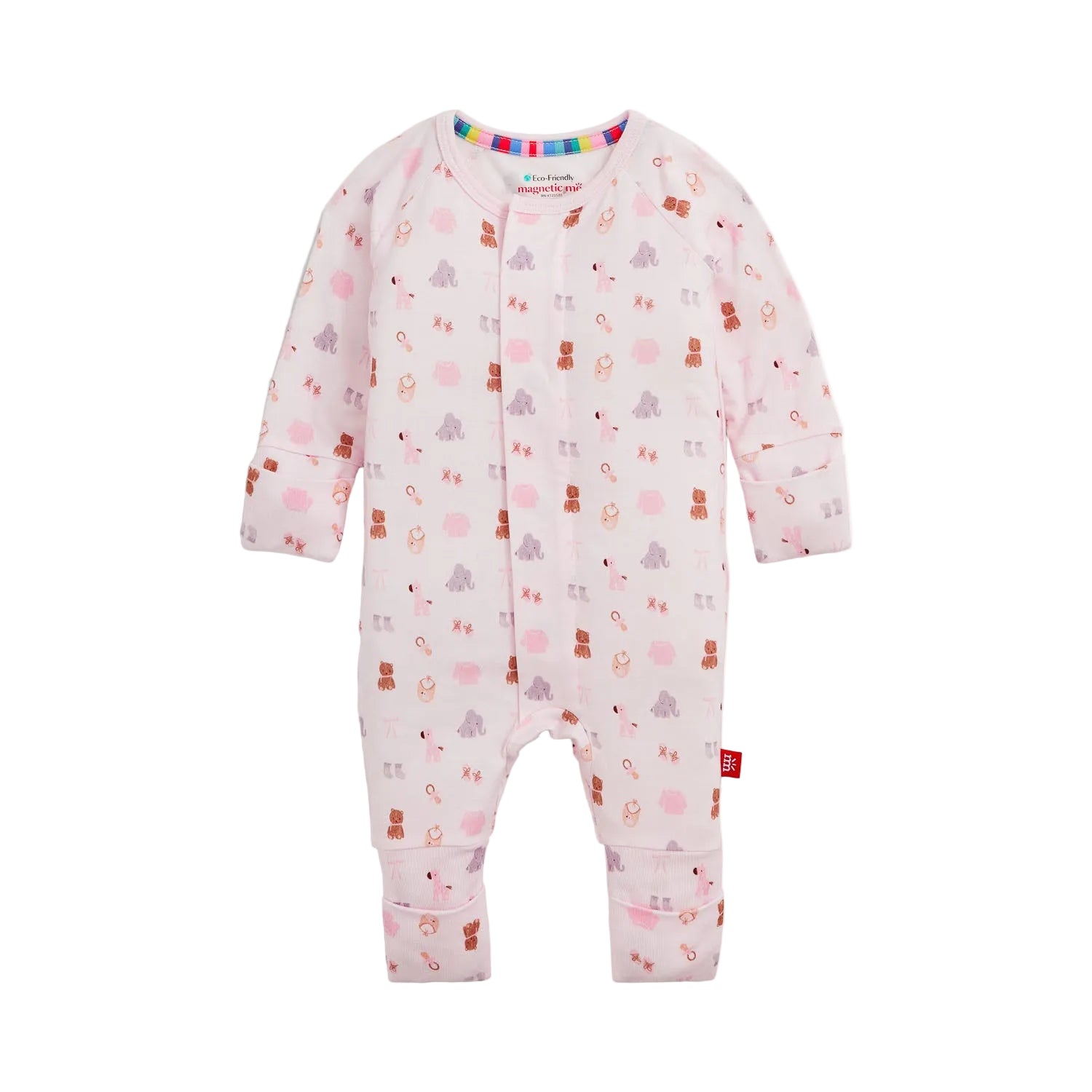 Baby convertible footie with magnetic closure with nursery nostalgia pattern on a pink background