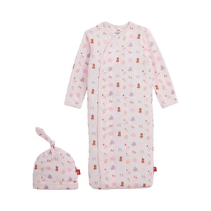 baby gown and hat set with pink pattern of nursery nastalgia