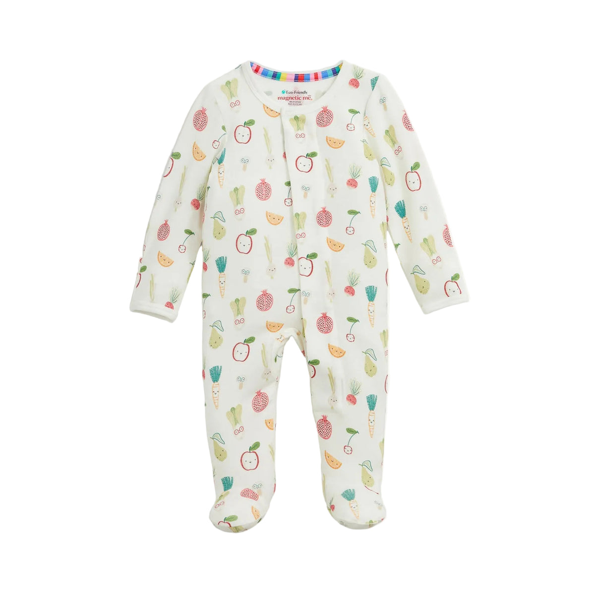 Baby footie with magnetic closure with fruit pattern on a white background