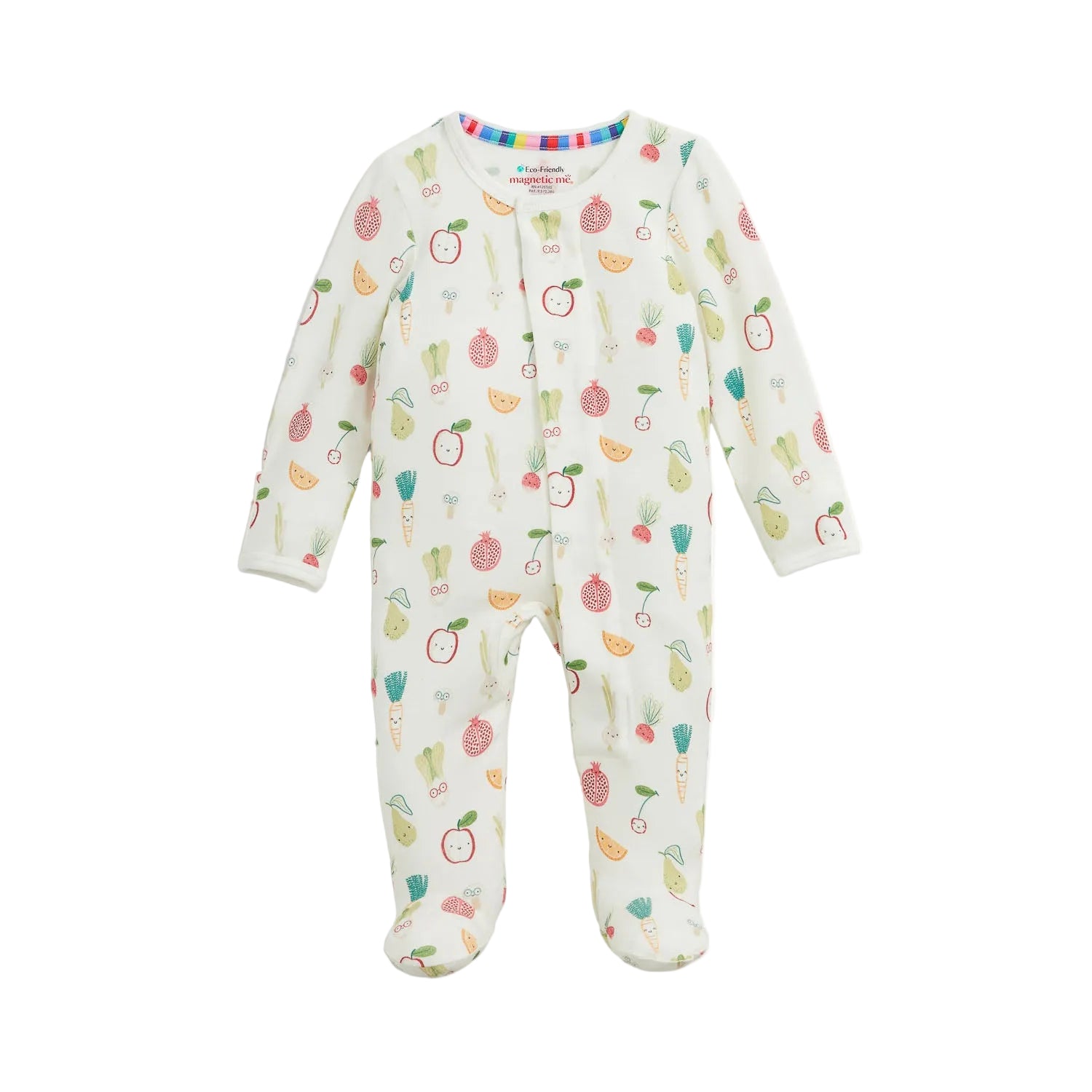 Baby footie with magnetic closure with fruit pattern on a white background