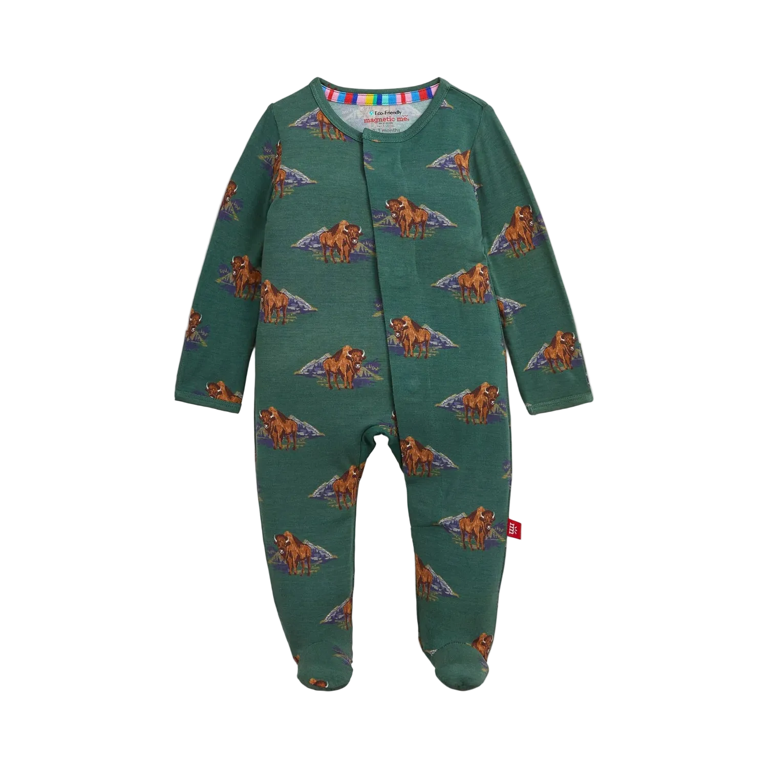 A long-sleeve footed sleeper in dark green, featuring an allover print of bison and mountains. magnetic closure