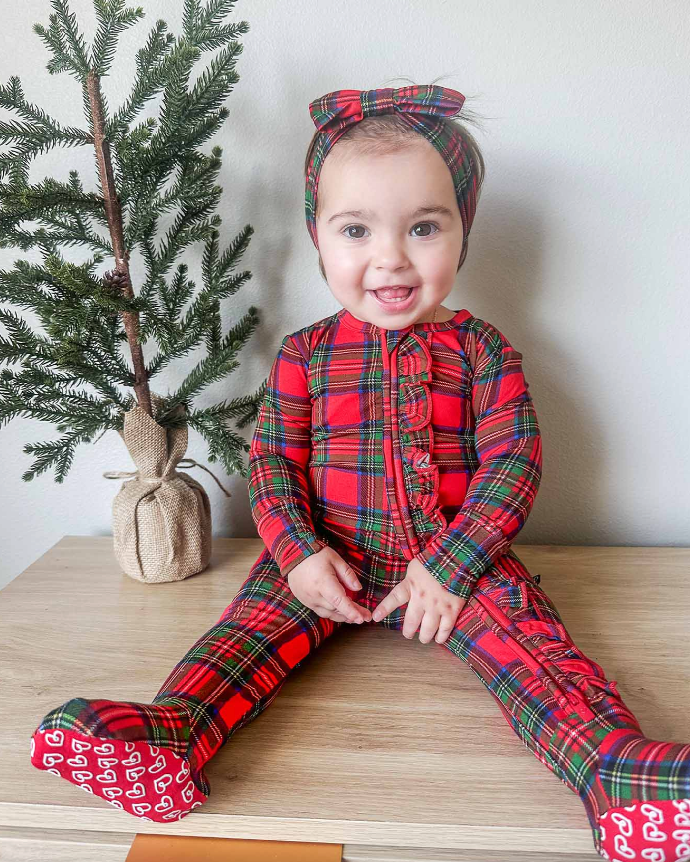 Lev Baby Ruffled Zip Footie / Christmas Plaid