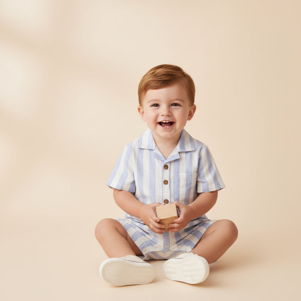 Organic Collared Romper / Blue Stripes