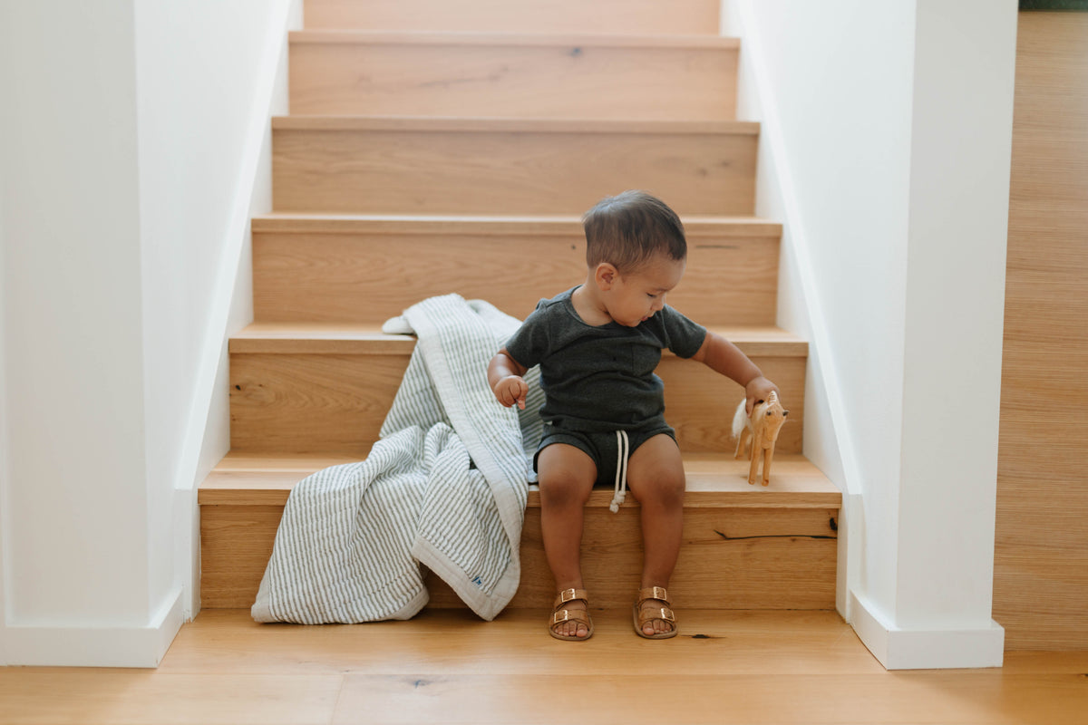Little Unicorn Cotton Muslin Baby Quilt (30"x40") / Grey Stripe