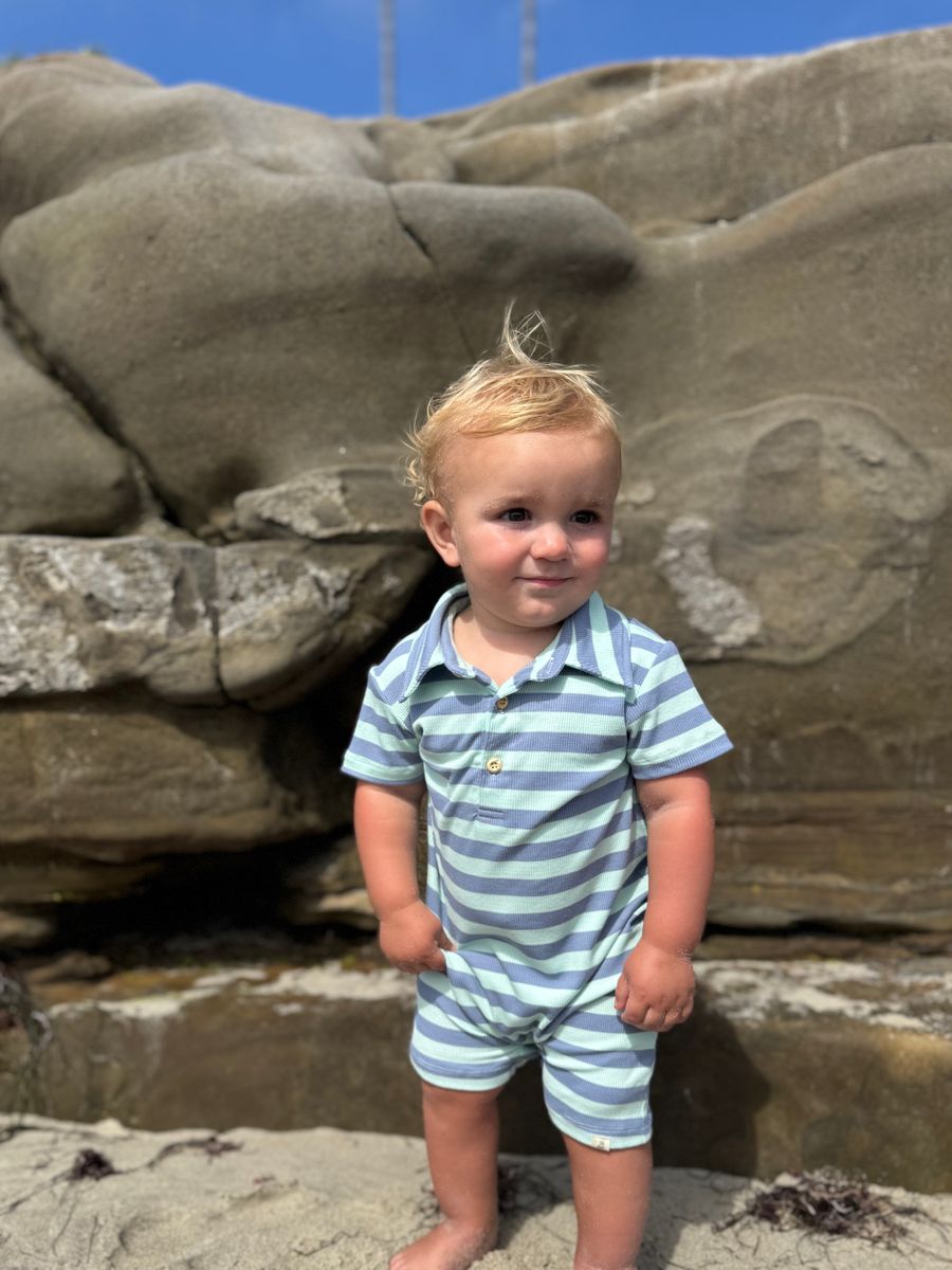 Me & Henry Drift Polo Romper / Chambray Blue Stripe