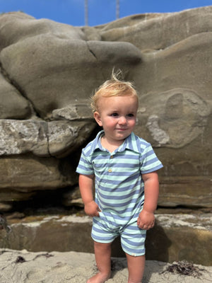 Me & Henry Drift Polo Romper / Chambray Blue Stripe