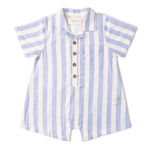 Organic Collared Romper / Blue Stripes