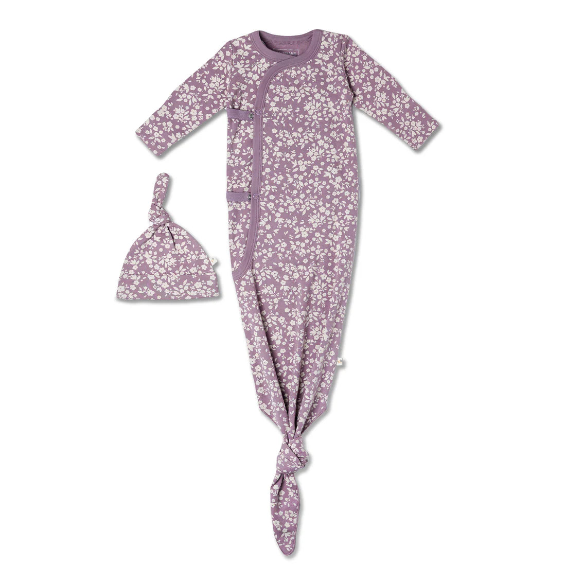 Organic Kimono Knotted Sleep Gown & Hat Set / Thistle