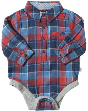 Me & Henry Jasper Woven Onesie / China Blue & Rust Plaid