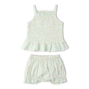 Organic Smocked Top & Bloomer Set / Basil Stripes