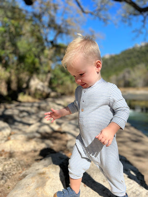 Me & Henry Niota Henley Romper / China Blue & Grey Stripe