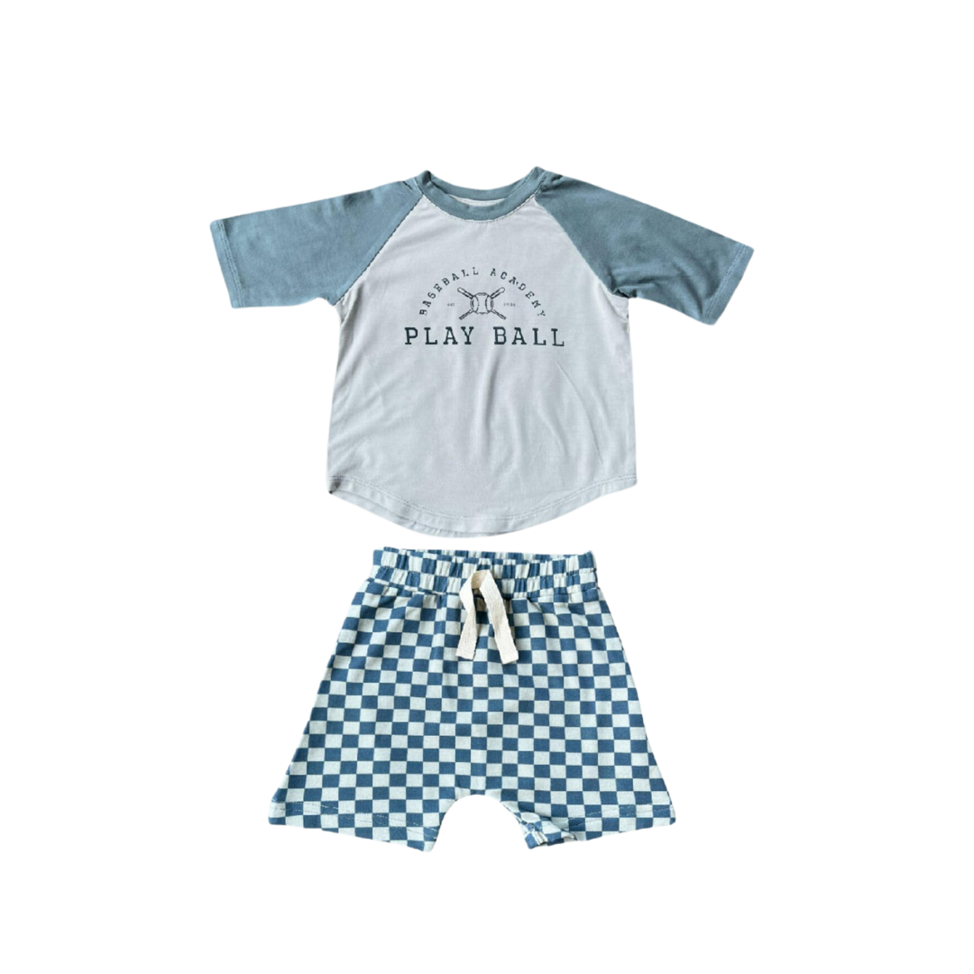 Babysprouts Baseball Tee + Harem Shorts Set / Baseball Academy + Blue Checkered