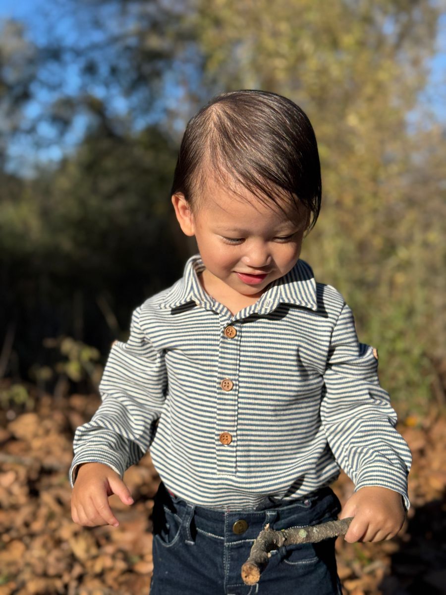 Me & Henry Ripley Polo Onesie  / China & Cream Ribbed Stripe