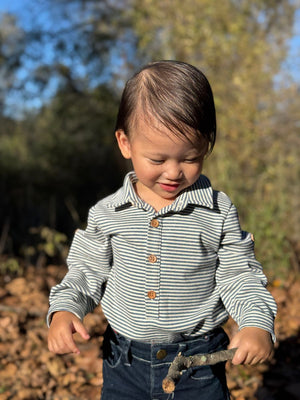 Me & Henry Ripley Polo Onesie  / China & Cream Ribbed Stripe