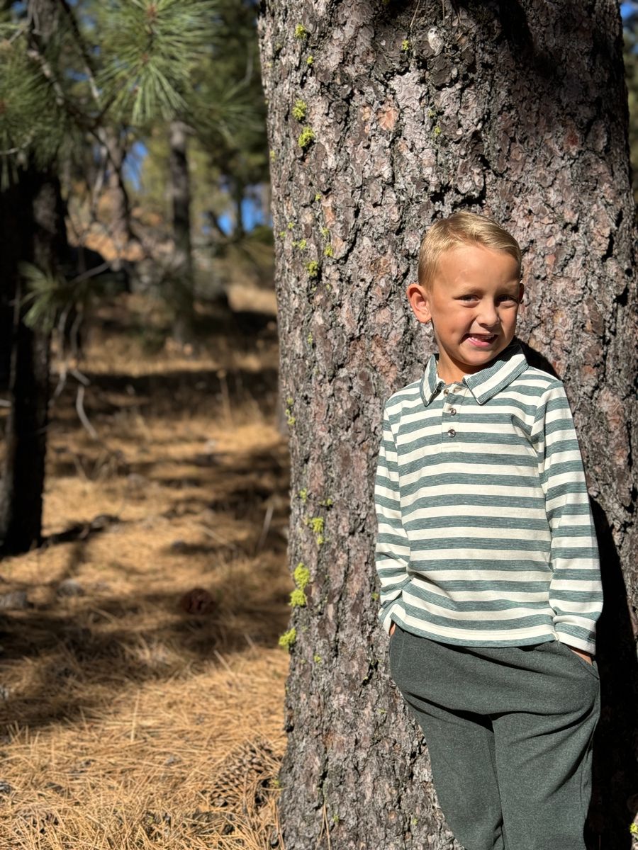Me & Henry Midway Long Sleeve Polo / Green & Cream Stripe