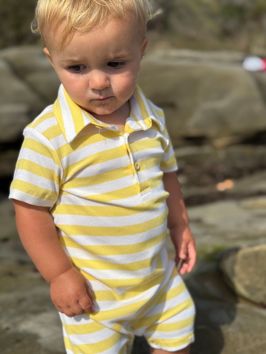 Me & Henry Drift Polo Romper / Lemon Stripe