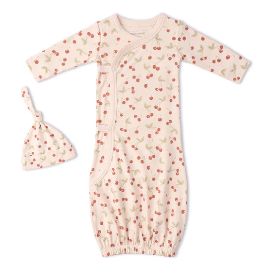 Organic Kimono Knotted Sleep Gown & Hat Set / Cherry