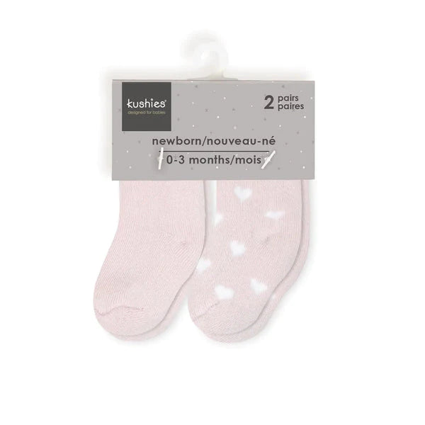 Kushies Terry Sock 2-Pack / Blush Solid & Blush Hearts - 3-6 Months