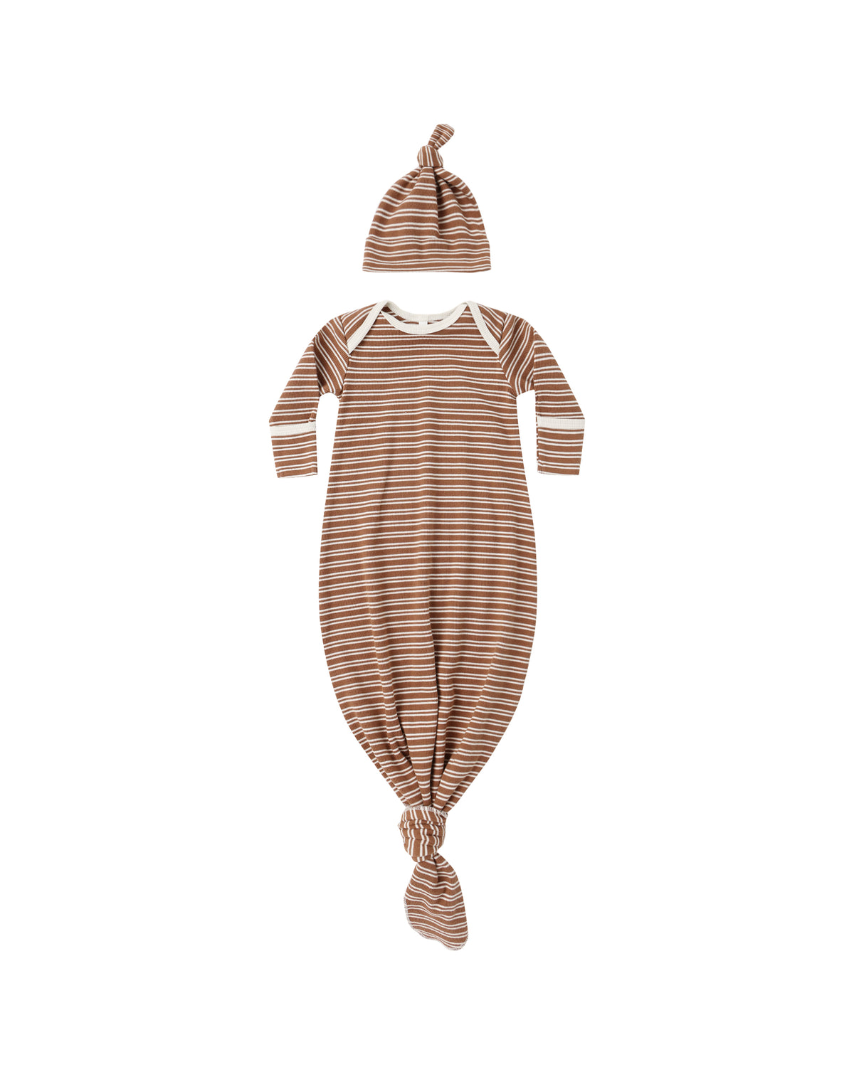Quincy Mae Knotted Baby Gown & Hat Set / Cedar Micro Stripe