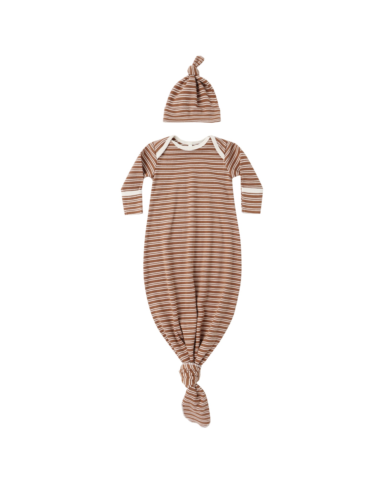 Quincy Mae Knotted Baby Gown & Hat Set / Cedar Micro Stripe