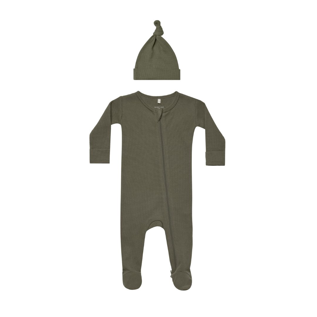 Quincy Mae Waffle Footie & Hat Sleep Set / Forest