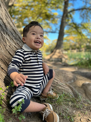 Me & Henry Kingston Polo Romper / Black & Cream Stripe