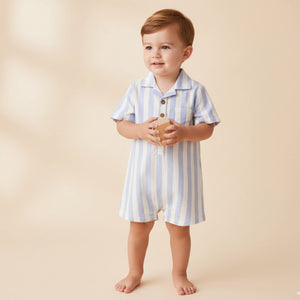 Organic Collared Romper / Blue Stripes